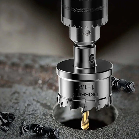 Close-up of Workhorse 4 Piece Tungsten Carbide TCT Hole Saw Drill Bit Set with 1-3/8 inch bit drilling into metal surface