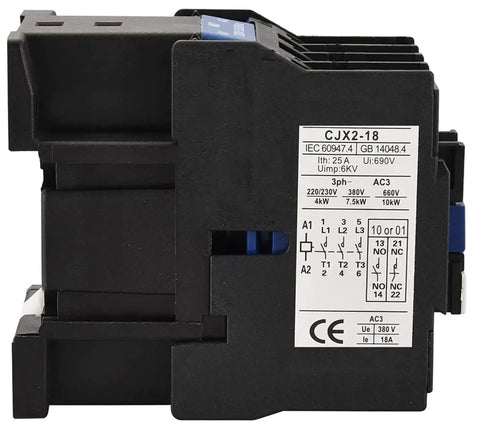 Three Pole 24V AC Contactor With 32A Rating For Industrial Motors And Rail Mount, side view with labeling details
