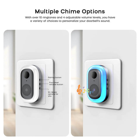 Wall-mounted chime unit for 2K Wireless Video Doorbell Camera With Live View Color Night Vision Smart Human Detection 180 Degree Field Of View Motion Alerts Chime Included Two Way Talk Cloud Storage 2.4 GHz WiFi Compatible With Alexa And Google Assistant, showing multiple chime options with white and blue accents.