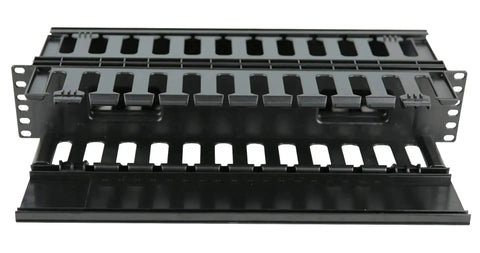 Black 2U Horizontal Double Sided Finger Duct Cable Manager For 19 Inch Rack Mount With 12 Slots Each Side and Plastic Cover