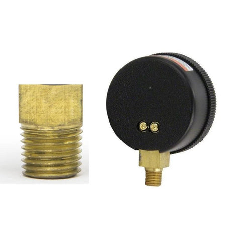 Aquatix Pro pool pressure gauge, 2-inch dial, 0-60 psi, bottom mount 1/4-inch brass fitting; two brass fittings shown