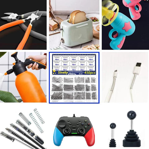 Sineky 450pcs compression springs kit in 15 sizes, stainless steel, 10–30mm length; DIY repair tools collage.