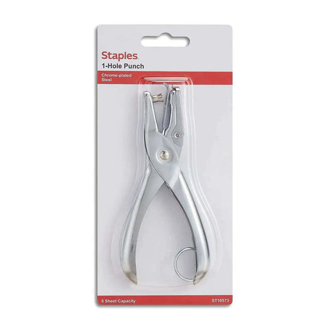 One Hole Punch For Office And Home Use, Five Sheet Capacity, Compact Metal Paper Punch in packaging, chrome-plated steel
