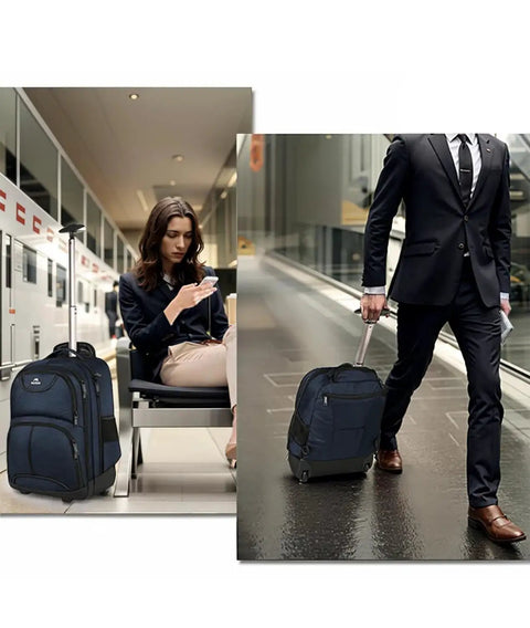 Rolling Laptop Backpack With Wheels For Men And Women Road Trip Ready Travel Carry On Luggage With 36L Main Compartment Padded 17 Inch Laptop Sleeve Fits 17 15.6 And 13 Inch MacBook Blue Spacious College And Business Backpack For Travel shown in airport setting