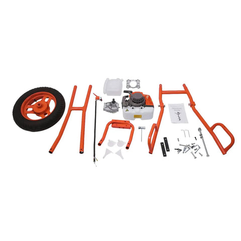 Components of Powerful 63cc 2 Stroke Hole Digger Earth Auger Drill for Quick Potholing and Planting, laid out with hand push cart