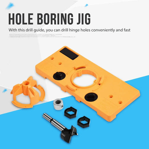 Durable 35mm Concealed Hinge Jig and Boring Hole Drill Guide Set with components shown for woodworking use