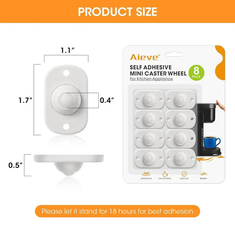 Self Adhesive Caster Wheels For Kitchen Appliances Aieve 8 Pack dimensions and packaging displayed on product image