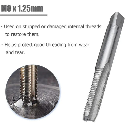 Heavy Duty M8 Helicoil Thread Repair Kit With 25Pcs Stainless Steel Inserts displayed with tap and threading details, M8 x 1.25mm.