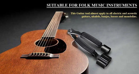 Guitar String Winder Cutter And Pin Puller 3 In 1 Must Have Multifunctional Maintenance Tool next to acoustic guitar.