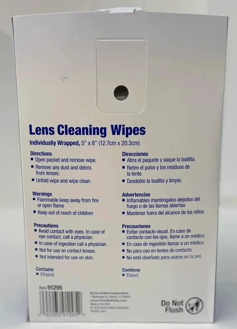 Back of box detailing Anti-Fog And Anti-Static Lens Wipes For Glasses In Pre-Moistened Packets with usage instructions.