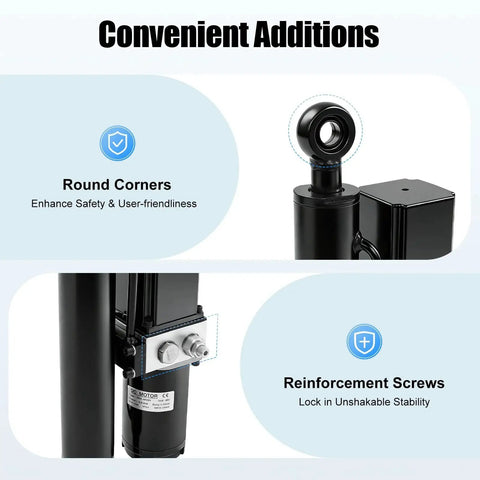 2T heavy-duty hydraulic actuator 12V cylinder with round ball-joint; front, side and close-up views
