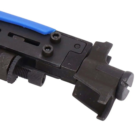 Close-up of a Professional Stripping And Crimping Pliers Set For Coaxial Cables RG59 RG6 RG11 with adjustable wire stripper and steel blades.