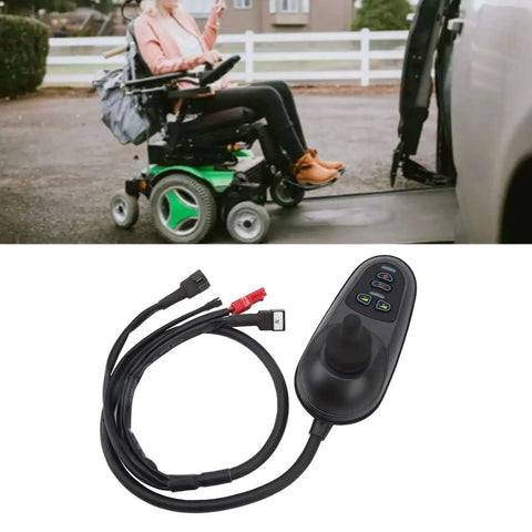 24V Electric Wheelchair Joystick Controller With Brake Connector For Easy Speed And Direction Control In Mobility Aids Plug And Play Installation Reliable Stop On Release Compatible With Electric Wheelchairs close-up view of joystick with wiring