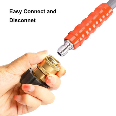 Heavy Duty M22 14 Millimeter To Three Eighths Inch Quick Connect Brass Adapter Set For Four Thousand Five Hundred PSI Pressure Washers, Includes Three Eighths Inch Quick Disconnect Female Socket And Three Eighths Inch Male Plug, Brass Construction, close-up of hand connecting adapter