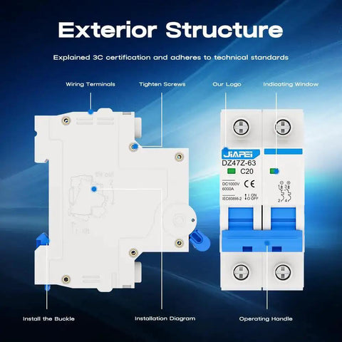 Front and side view of Miniature Circuit Breaker 1000V 2 Pole 20 Amp Isolator for Solar PV Systems with installation diagram