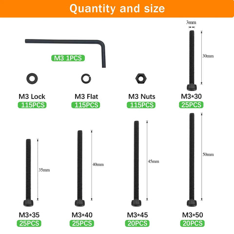 461 Piece M3 Hex Socket Head Screws Kit With Nuts Washers Lock Washers 30mm 35mm 40mm 45mm 50mm 12.9 Grade Alloy Steel Fully Threaded