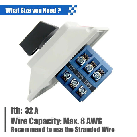 Close-up view of 32A Rotary Changeover Switch Box with 12 wiring terminals, exterior housing, and IP65 flame retardant cam switch.