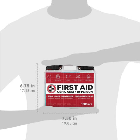 Ten Person OSHA ANSI First Aid Kit With One Hundred Pieces for Home Office School and Industrial Sites, shown in compact design