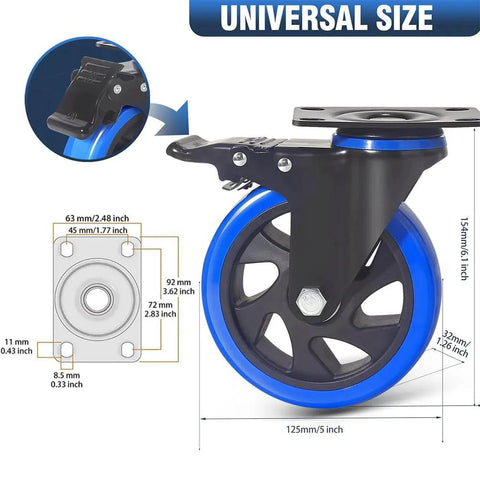 5 Inch Caster Wheels Set Of 4 Heavy Duty With Dual Locking Brakes and polyurethane wheels, detailed dimensions and steel construction