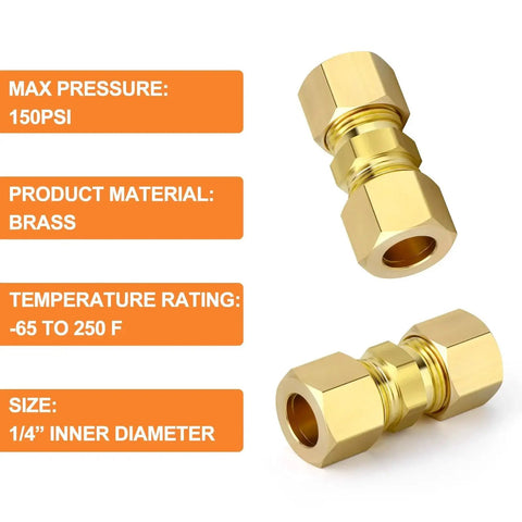 Brass Compression Tube Fitting Connector 10 Pcs 1 Quarter Inch OD To 1 Quarter Inch OD Set, shown with pressure and size details.