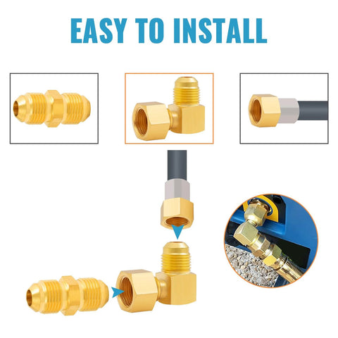 SUNGATOR 90° brass flare elbow fitting, 3/8" female swivel x male flare, propane low‑pressure heater adapter.