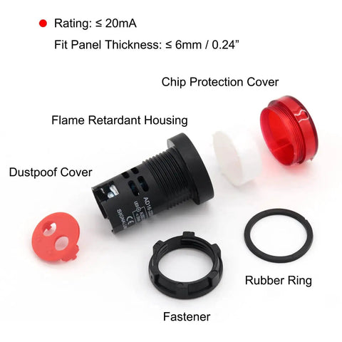 Components of LED Indicator Light ACDC 24V 20mA Flush Panel Mount with flame retardant housing and rubber ring