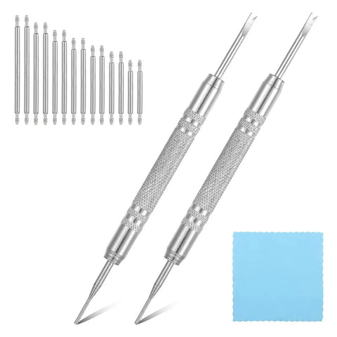 30 Piece Watch Band Pins Replacement Kit With Heavy Duty Stainless Steel Double Ended Pin Springs For Bracelet Repair Diameter 1.5-1.8mm Ideal For At Home Strap Adjustments And Quick Pin Removals DIY Ready, showing tools and cloth.