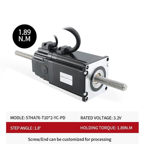 Side view of black NEMA23 stepper motor with threaded screw shaft; 1.89 N·m torque