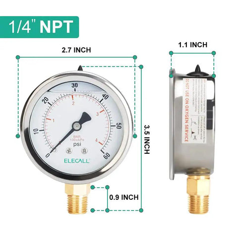 Front and side view of 60 Psi Silicone Oil Filled Pressure Gauge For Water Oil And Air Systems with stainless steel case and NPT mount.