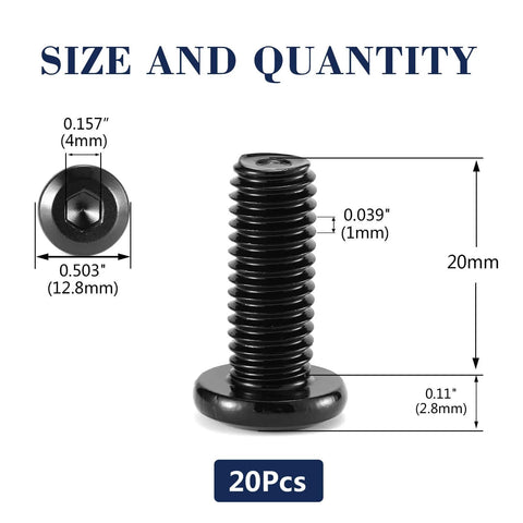M6 X 20mm Flat Head Hex Socket Cap Screws Bolts in 304 Stainless Steel 18-8 Full Thread Black Oxide Pack of 20 dimensions
