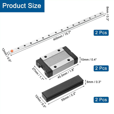 MGN12 400mm Linear Guide Rail Kit With 2 MGN12H Carriage Blocks And 2 Mini Guides, product size dimensions displayed.