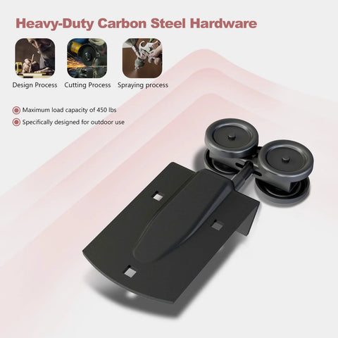 Heavy Duty Outdoor Sliding Barn Door Hardware Kit For Exterior Use With 450 Lb Capacity Black Powder Coated Finish Built To Endure Outdoor Weather Tough As Nails Fits Two Doors Up To 144 Inches Wide close-up of wheels and metal bracket