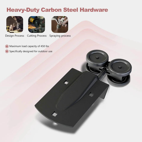 Heavy Duty Outdoor Sliding Barn Door Hardware Kit, 16 Ft Rail System, 450 Lb Capacity, Black Powder Coat Finish; roller detail