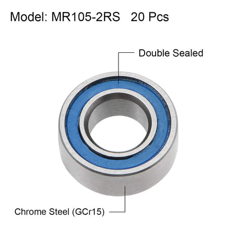 MR105-2RS deep groove ball bearing, chrome steel with blue double seal, 5mm ID, 10mm OD