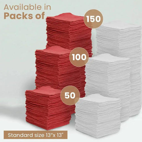 Stacks of red and white towels available in packs of 50, 100, and 150, standard size 13x13 inches.