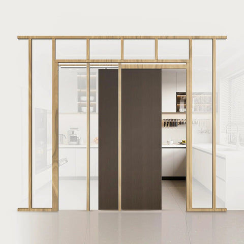 Pocket Door Frame Kit For 24 To 36 Inch Wide Doors 80 Inch High With Two Way Soft Close System shown with wood and steel components.