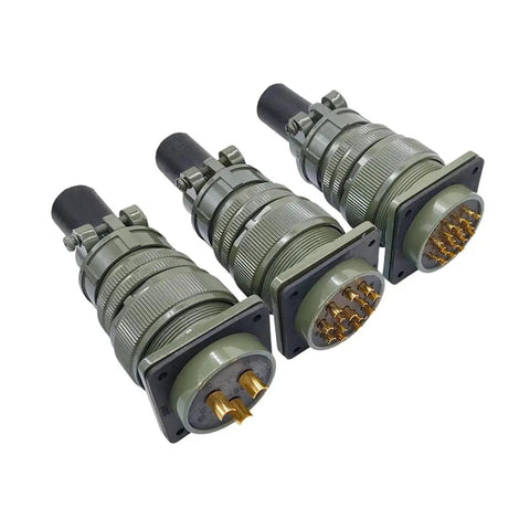 Three Circular Connector MIL-C 28-3 28-16 28-20 Socket MS3102A Plug sets for aviation and military harnesses, side view on white background