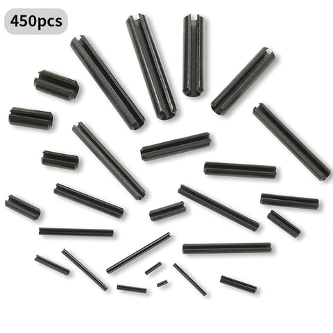 Assorted Slotted Spring Dowel Pins Kit, 450 Piece Set, Durable Spring Steel With Black Oxide Finish.