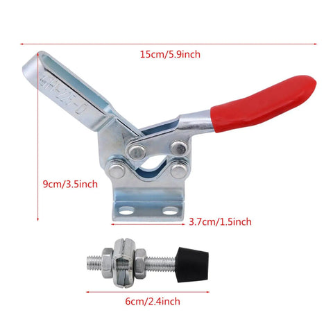 Set Of 5 Beefy Toggle Clamps With Quick Release Vertical Design And 227 Kg Holding Capacity, shown with dimensions, red handle.