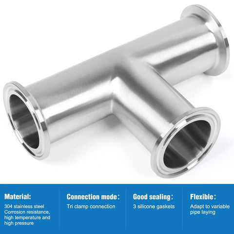 Stainless steel 1.5-inch tri-clamp tee sanitary fitting, equal 3-way, 38 mm OD, polished
