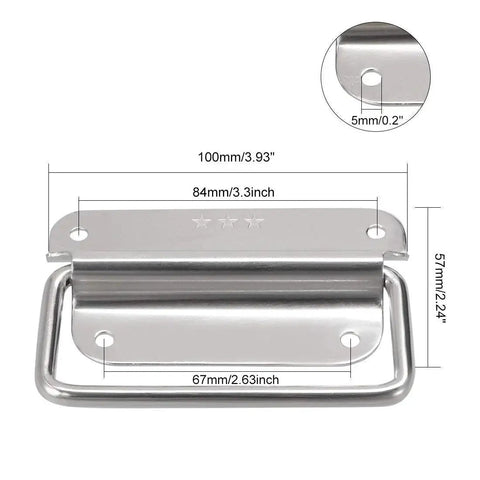 Stainless Steel Chest Pull Handles Large Size For Toolbox Set Of 2 With Four Hole Mounting, 100mm Length, dimensions shown
