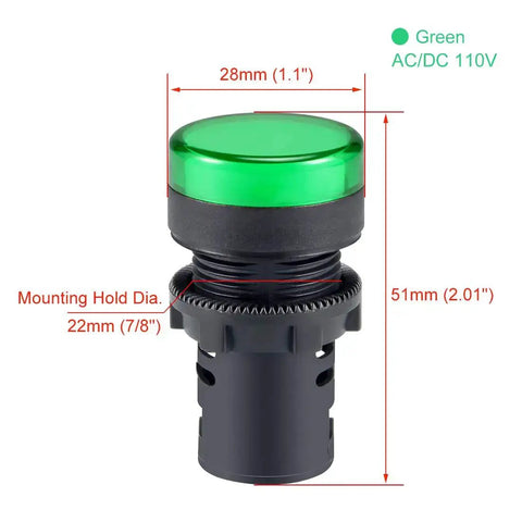Green Indicator Light 110 Volt AC DC 22mm Panel Mount for electrical control panels and DIY projects, showing dimensions and connection details.
