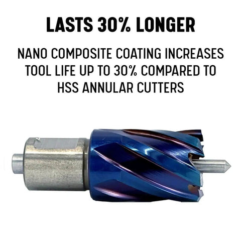 Nano-Composite Blue Coated Annular Cutter Five Eighths Inch By Two Inch ANC Series NACO Coating Extends Tool Life Up To Thirty Percent And Delivers Fast Clean Cuts Through Steel Cast Iron And Stainless Materials Drill America side view