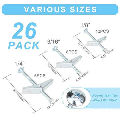Hollow Wall Anchors Set 26 Pieces Three Sizes For Drywall with 1/8, 3/16, 1/4 inch heavy duty butterfly anchors with screws.