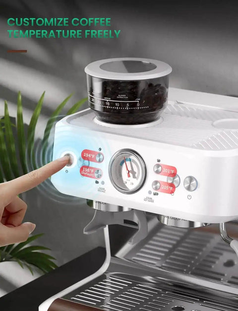 Close-up of All-In-One 58mm Espresso Machine With Built-In Grinder And Milk Steam Wand, 15 Bar, anti-static grinder in use