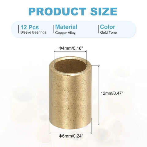 Gold Tone Self Lubricating Cast Brass Sleeve Bearings 4mm Bore By 6mm OD By 12mm Length, single unit showing dimensions.