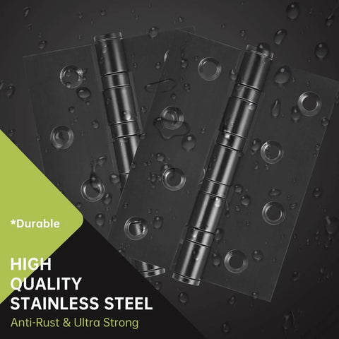 6 Pack Matte Black 4 Inch Stainless Steel Door Hinges With Ball Bearing, Heavy Duty Hinge Set On Display, Water Droplets Showing Durability