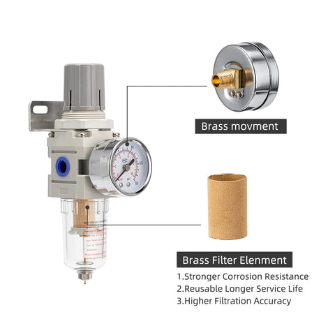 LNCHKA pneumatic air regulator filter combo, 1/4 in NPT, with gauge, water separator, clear drain bowl, brass cartridge