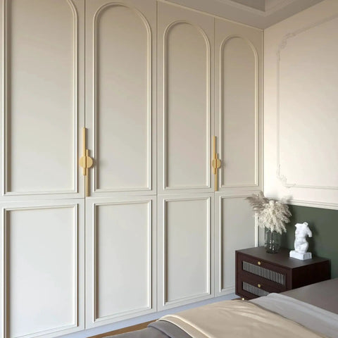 Bedroom with Two Pack Half Moon Cabinet Pulls Brushed Gold Semicircle Drawer Handles installed on white wardrobes, 11.3 inch center to center.