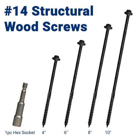 #14 Structural Wood Screws with Hex Washer Head, sizes 4, 6, 8, 10 inch, includes 1pc hex socket, black rust resistant coating